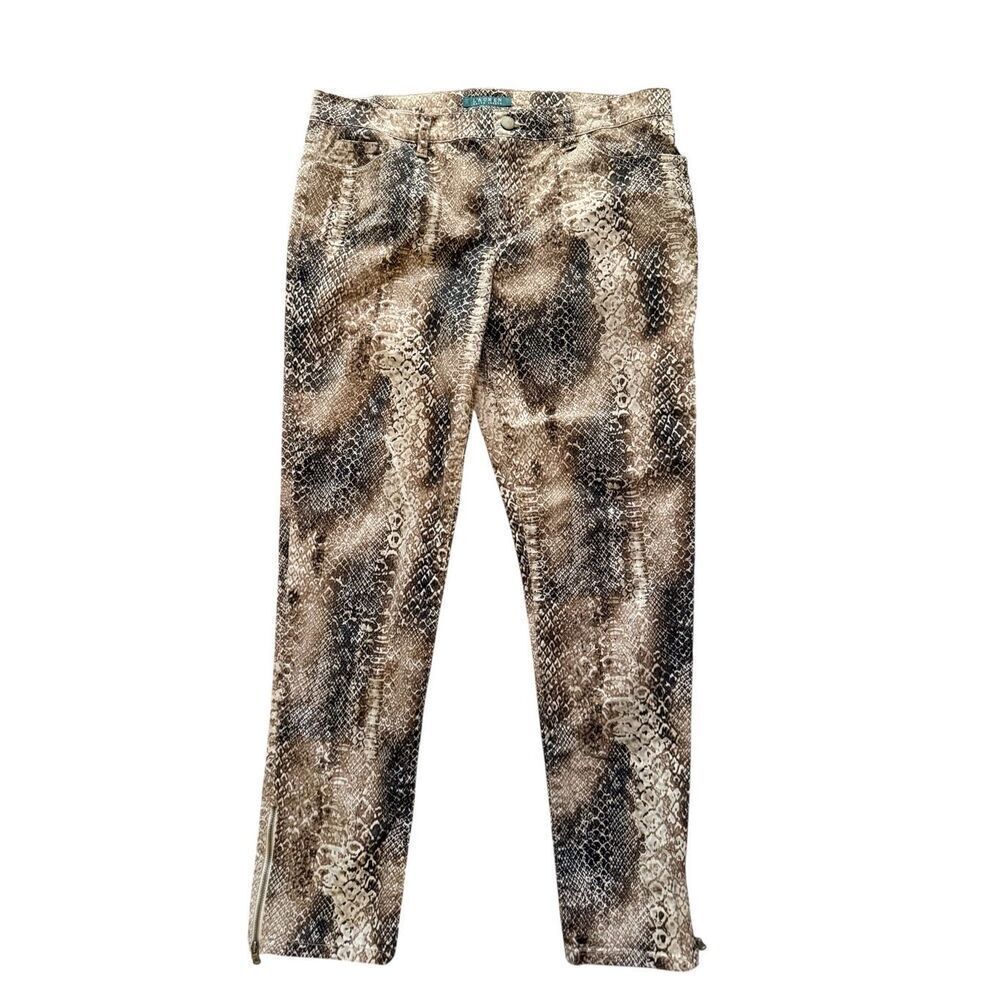 Ralph Lauren Size 10 Python Print Straight Leg Pant Cream Tan Animal Print Snake